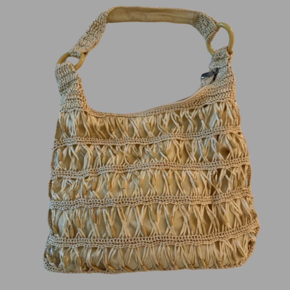 Boho Woven Raffia Ribbon Crochet Shoulder Bag Bamboo Ring Handle Beach